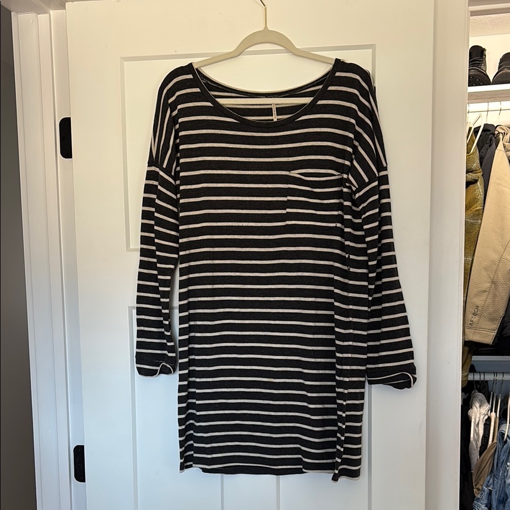 Striped Dark Grey and White Long Sleeve Dress